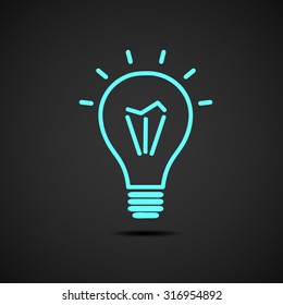 Icono vectorial de la bombilla. Bombilla azul sobre fondo negro.