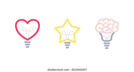 Light bulb vector icon - heart, star and brain. Lamp concept. Idea, solution symbol. Colorful version. Vector illustration.