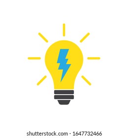 Icono vectorial de la bombilla, lámpara con relámpago, icono de idea, lámpara eléctrica de alumbrado. Electricidad, brillo.