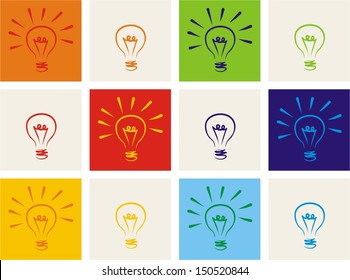 Light bulb vector icon set - hand drawn colorful doodle collection isolated on white with green, blue, dark denim, beige, red, orange and yellow background. Sign of ecology or creative thinking