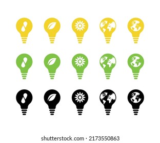 Light bulb vector icon set. Clean energy concept. Yellow, light green and black. Transparent background. Isolated on white layer.
