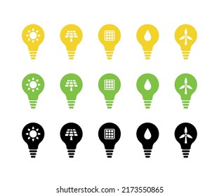 Light bulb vector icon set. Renewable, sustainable energy concept. Yellow, green and black. Transparent background. Isolated on white layer.
