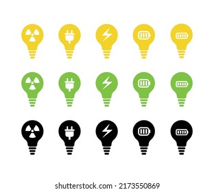Light bulb vector icon set. Alternative energy concept. Yellow, green and black. Transparent background. Isolated on white layer.
