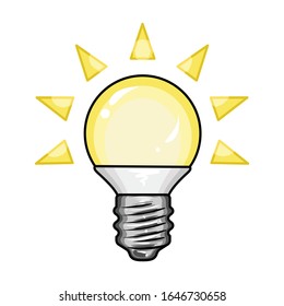 Icono vectorial de la bombilla luminosa.Icono vectorial de caricatura aislado en la bombilla de fondo blanca.