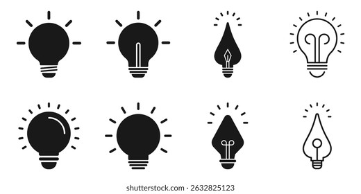 Light bulb vector icons for bright ideas. Flat style icons representing different types of light bulbs, great for startup themes, brainstorming concepts, and digital apps.