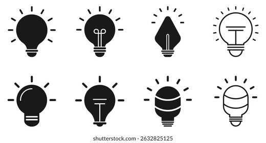 Iconos del vector de la bombilla para las ideas brillantes. Iconos de estilo plano que representan diferentes tipos de bombillas, ideales para temas de inicio, conceptos de lluvia de ideas y App digitales.