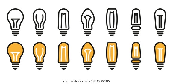 Bombilla ligera - colección de iconos vectoriales. Iconos lineales y planos aislados en blanco. Idea y concepto de creatividad.