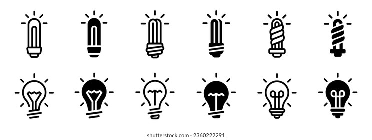 Iconos vectoriales de bombillas. Conjunto de iconos de la lámpara eléctrica. Juego de iconos vectoriales de la bombilla de luz brillante. EPS 10