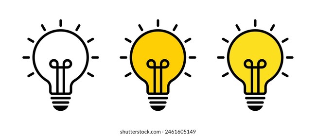light bulb vector icons set. idea lightbulb symbol. black and yellow solution or think smart bright lamp sign. fact or innovation flat pictogram. creative idea icon collection