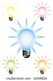 Light bulb vector illustration in 5 default colors: yellow, pink, green, orange and blue.
