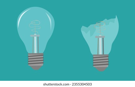 Light bulb vector illustration set. Idea symbol. Broken light bulb. Electric lamp, light, inovation, solution, creative thinking, electrictity. Flat design in cartoon style isolated on orange.