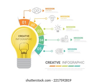 Light bulb vector infographic, charts 5 step, diagrams. Business concept with 5 options, parts, steps, processes, Vector illustration.
