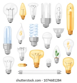 Light bulb vector lightbulb idea solution icon and electric lighting lamp cfl or led electricity and fluorescent light illustration set isolated on white background