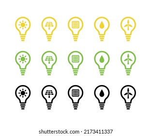 Light bulb vector outline icon set. Renewable, sustainable energy concept. Yellow, green and black. Transparent background. Isolated on white layer.
