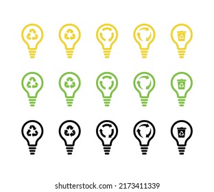Light bulb vector outline icon set. Recycling concept. Yellow, green and black. Transparent background. Isolated on white layer.
