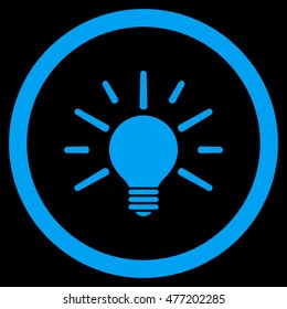 Light Bulb vector rounded icon. Image style is a flat icon symbol inside a circle, blue color, black background.