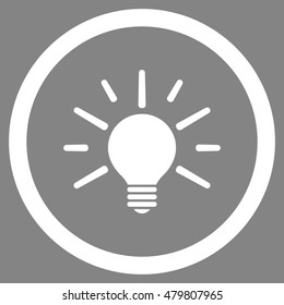 Light Bulb vector rounded icon. Image style is a flat icon symbol inside a circle, white color, gray background.