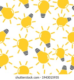 Light bulb vector seamless pattern on white background. Lightbulb seamless pattern background. Business flat vector illustration. Light bulb sign symbol pattern. lighting bulbs wallpaper. Be creative.
