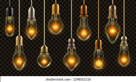 Light Bulb Vintage Set Vektor. Glühende Glühbirne. Transparente 3D-Reverse Loft oder Steampunk-Style mit dekorativen Lichtbildern