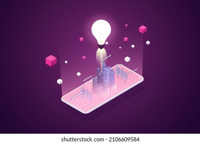 Light bulb and virtual city on smartphone Experience Metaverse, the limitless virtual reality technology. isometric vector illustration.