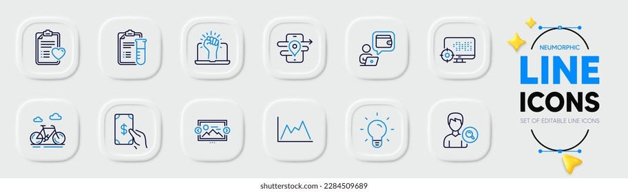 Iconos de línea de bombilla, cartera y bicicleta para aplicación web. Paquete de Empower, Buscar personas, iconos del pictograma Gps. Análisis médicos, Diagrama, Signos Seo. Historia del paciente, carrusel de imágenes, Recibir dinero. Vector