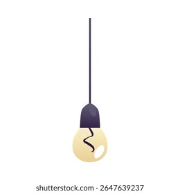 Lâmpada de luz quente ícone plano brilhante. Lâmpada de teto interruptor ligado, pendurado forma redonda da lâmpada. Desenho animado holofote, elemento de design de vetor interior de loft. Iluminação elétrica