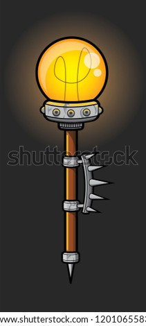 Light bulb weapon staff. Vector Sprite Weapon made out of a light bulb with spiked handle on it on a dark background.