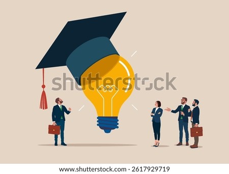 Light bulb wearing academic mortarboard hat. Study abroad world education curriculum, overseas school, college and university. Step forward winning target mortarboard degree. MBA. Vector illustration