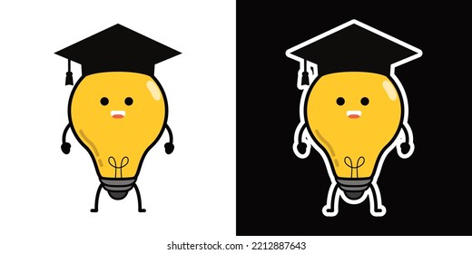 Bombilla de luz con gorro de graduación. Cute kawaii concepto de ícono vector de dibujos animados. Estilo de ilustración plano para afiche, folleto, web, mascota, pegatina, logotipo e icono.