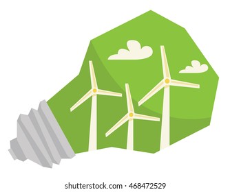 Light bulb and wind turbine inside vector flat design illustration isolated on white background.