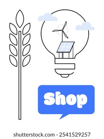 Light bulb with wind turbine and solar panel inside, wheat stalk, and blue Shop text. Ideal for sustainable energy, renewable resources, eco-friendly farming, green technology, environmental