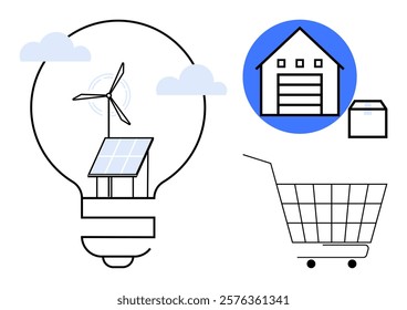 Light bulb with wind turbine and solar panels, clouds, warehouse, box, and shopping cart. Ideal for renewable energy, sustainability, e-commerce, storage solutions, online shopping. Simple stylish