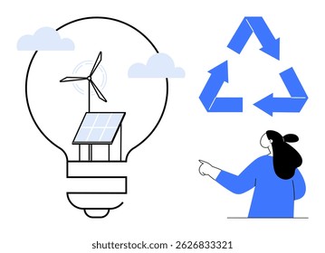 Light bulb with wind turbine and solar panel in front of clouds, blue recycle symbol and person pointing. Ideal for renewable energy, sustainability, recycling, eco-friendly solutions, green