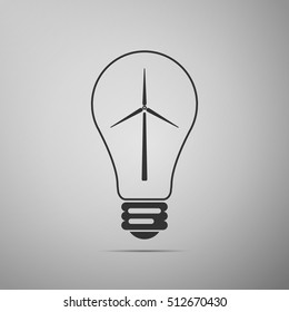 Light bulb with a wind turbines as idea of eco-friendly source of energy flat icon on grey background. Vector Illustration