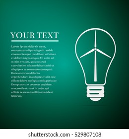 Light bulb with a wind turbines as idea of eco-friendly source of energy flat icon on green background. Vector Illustration
