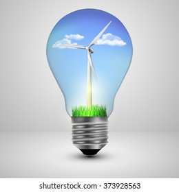 Light bulb with a wind turbines in side, ecology concept. Vector illustration.