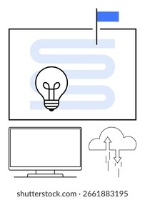 Light bulb and winding path to a flag representing innovation, next to a computer screen and data cloud. Ideal for technology, creativity, innovation, goal setting, data storage, digital strategy