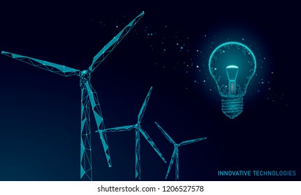 Light bulb windmills idea business concept. Ecology save environment wind green energy sustainable power. Eco global planet solution. Blue low poly polygonal 3D triangle vector illustration art