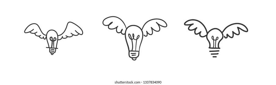 Light bulb with wings doodle illustration, flying idea, creativity concept