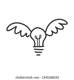 Light bulb with wings doodle illustration, flying idea, creativity concept