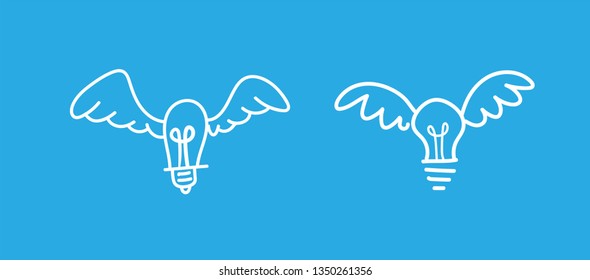 Light bulb with wings doodle illustration, flying idea, creativity concept