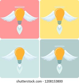 Light bulb with wings. idea concept. Stock flat vector illustration.
