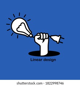 Light bulb with wire and electric plug holding hand. Yellow light. Electric lamp. Vector illustration flat linear icon design. Isolated on background.