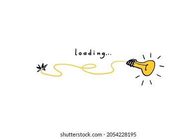 Light bulb with wire loading bar. Doodle download progress bar. Color concept loading idea through a connected wire. Vector illustration isolated on white background.