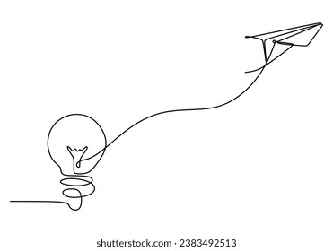 Plano de una línea de plano de papel con cable de bombilla. Metáfora de creatividad empresarial. Ilustración vectorial aislada. Diseño minimalista a mano.