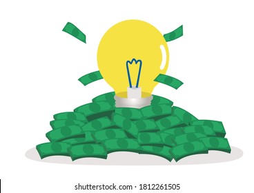 Light bulb within a pile of cash money. Concept of great idea produce wealth or saving on renewable energy. Vector illustration on white background