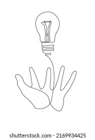 Light bulb in woman hand on white background. Women's hands in a minimal linear style.
