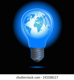 Light bulb with world inside isolated on black