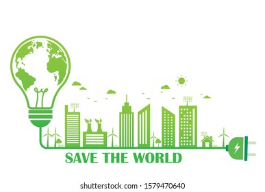 Light bulb the world recycle. Electrical plug with green city. Save energy and nature background. Environmental and ecology concept. Sustainable development natural. Vector illustration flat design.