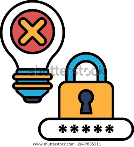 A light bulb with an X on it is next to a lock. The lock is yellow and blue